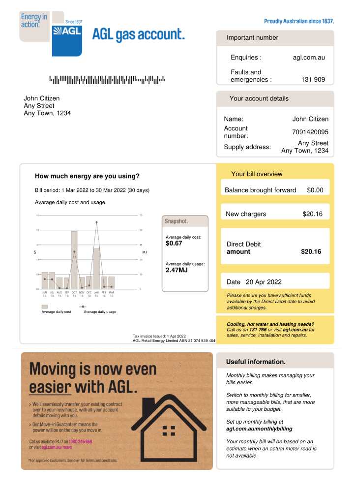 Australia AGL gas utility bill Word and PDF template, version 2